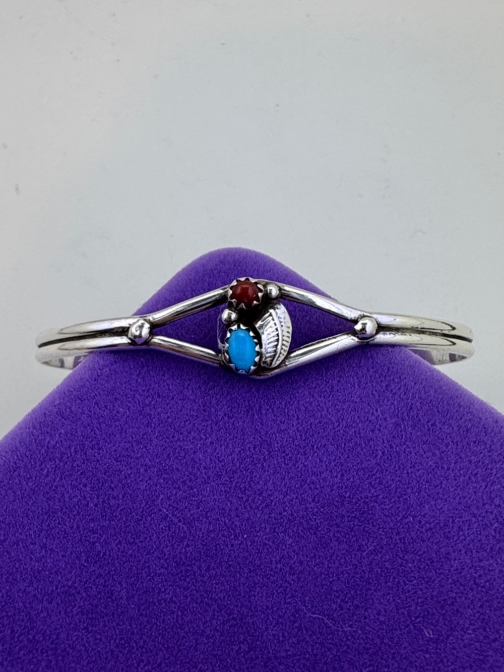 💛 Vintage Sterling Silver Turquoise & Red Stone Leaf Cuff | Desert Bloom